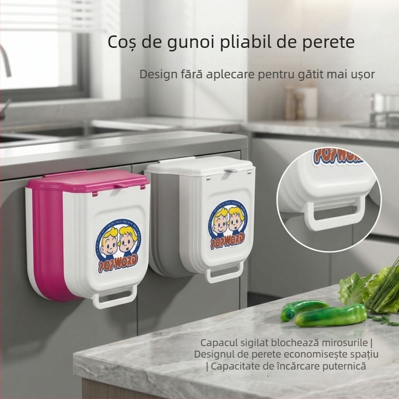Coș de gunoi pentru bucătărie, montat pe perete, pliabil, cu ușă de dulap și capac, capacitate mare pentru resturi alimentare