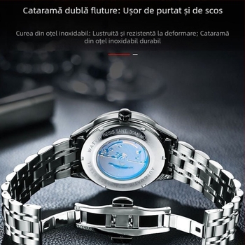 Ceas quartz pentru bărbați, spate transparent cu schelet, luminoz, 42 mm, carcasă și brățară din oțel inoxidabil, calendar, afișaj zi, rezistență la apă 30 m, stil de afaceri