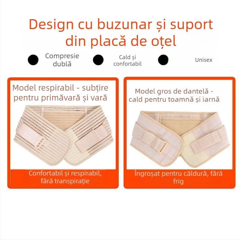 Centură de talie din material plasat respirabil, complet elastică, susținere pe patru anotimpuri cu placă de oțel, buzunar pentru medicamente cu încălzire proprie, margine dantelată
