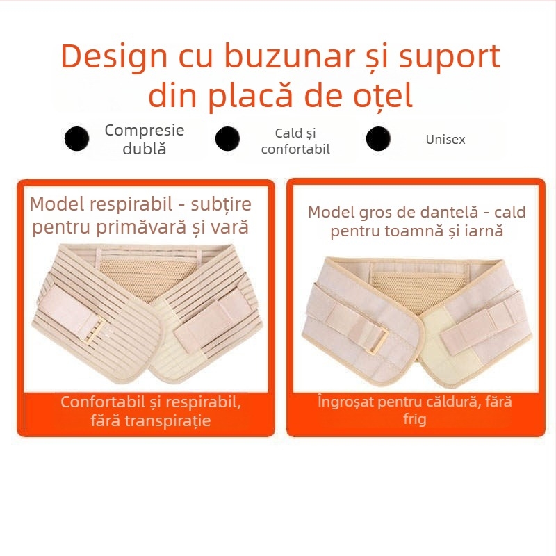 Centură de talie din material plasat respirabil, complet elastică, susținere pe patru anotimpuri cu placă de oțel, buzunar pentru medicamente cu încălzire proprie, margine dantelată