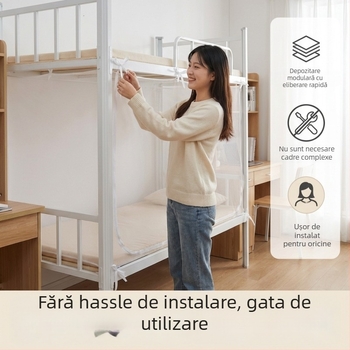 Plasă anti-țânțari pentru patul de jos într-un cămin studențesc, acoperire completă, ușă cu fermoar, șnur de fixare, stil minimalist, poliester