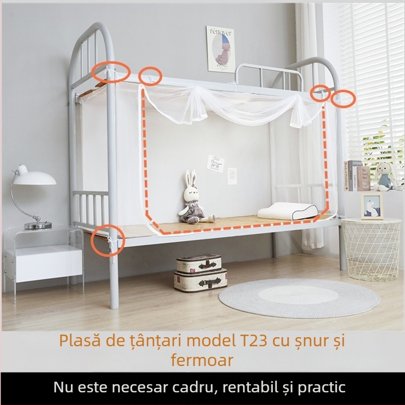 Plasă anti-țânțari pentru patul de jos într-un cămin studențesc, acoperire completă, ușă cu fermoar, șnur de fixare, stil minimalist, poliester