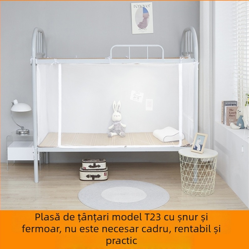 Plasă anti-țânțari pentru patul de jos într-un cămin studențesc, acoperire completă, ușă cu fermoar, șnur de fixare, stil minimalist, poliester
