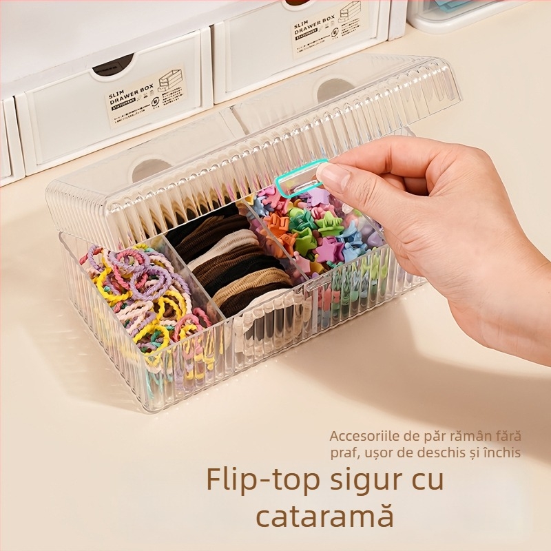 Cutie de depozitare pentru accesorii de păr pentru fete cu capac, capacitate mare, compartimente pentru agrafe, elastice și bentițe