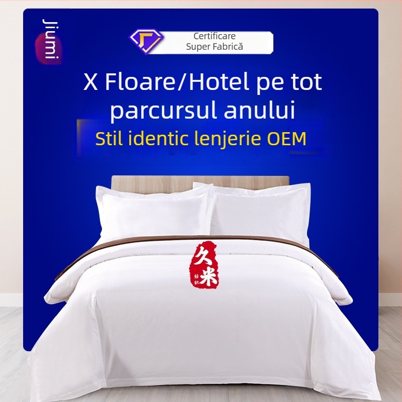 Set de lenjerie albă din satin de bumbac cu 60 fire, format din patru piese, pentru hotel