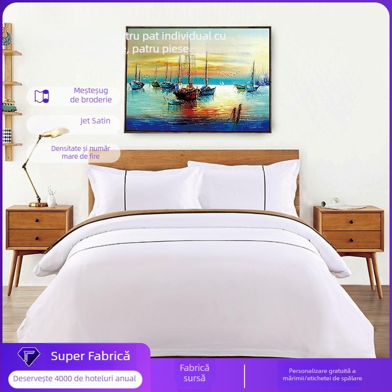 Set de pat hotelier din bumbac 100%, 80-count, țesătură satinată, culoare solidă; include cearșaf, husă de cuvertură și două fețe de pernă