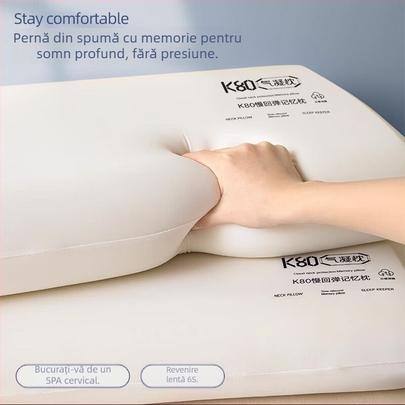 Pernă cervicală din spumă cu memorie K80, presiune zero, revenire lentă, formă dreptunghiulară, înălțime 5–10 cm, greutate 0,5–1 kg