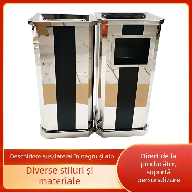 Coș de gunoi și cenușar din oțel inoxidabil, vertical, cu dungi negre și albe, pentru holul liftului în centre comerciale și clădiri de birouri