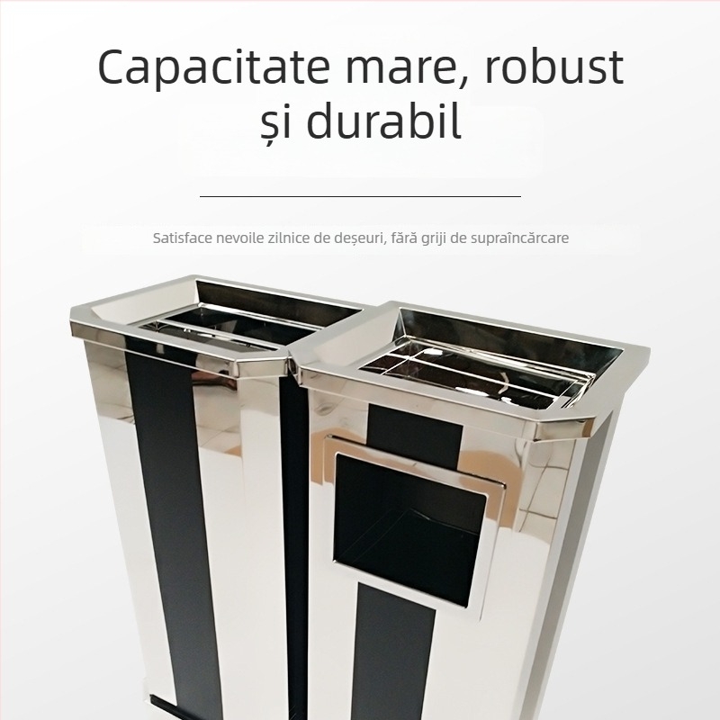 Coș de gunoi și cenușar din oțel inoxidabil, vertical, cu dungi negre și albe, pentru holul liftului în centre comerciale și clădiri de birouri