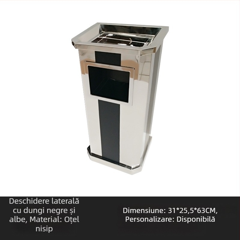 Coș de gunoi și cenușar din oțel inoxidabil, vertical, cu dungi negre și albe, pentru holul liftului în centre comerciale și clădiri de birouri