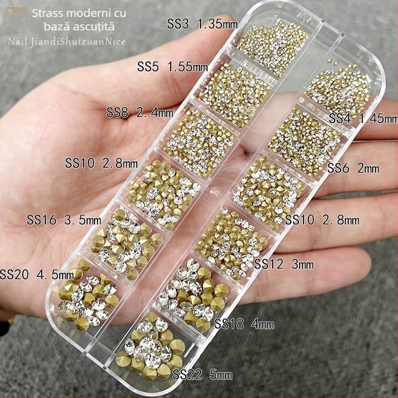 Set de cristale pentru unghii cu bază conică, cutie cu 12 compartimente, cristale din sticlă ultra-strălucitoare, AB curcubeu, alb luminos, accesorii DIY pentru unghii