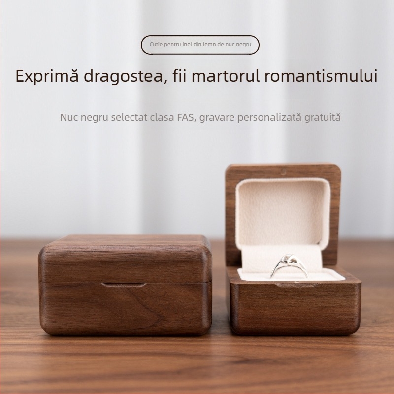 Cutie din lemn de nuc negru pentru inele, cutie masivă pentru bijuterii, cutie elegantă, cadou de Ziua Îndrăgostiților, propunere
