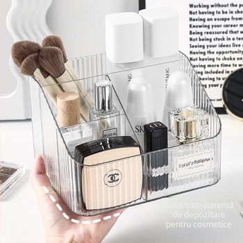 Cutie transparentă de depozitare pentru birou, pentru cosmetice, cu compartimente – suport pentru ruj, pensule și pixuri