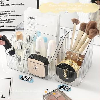 Cutie transparentă de depozitare pentru birou, pentru cosmetice, cu compartimente – suport pentru ruj, pensule și pixuri