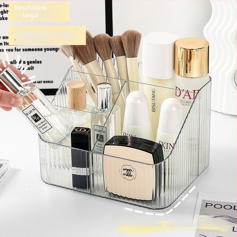 Cutie transparentă de depozitare pentru birou, pentru cosmetice, cu compartimente – suport pentru ruj, pensule și pixuri