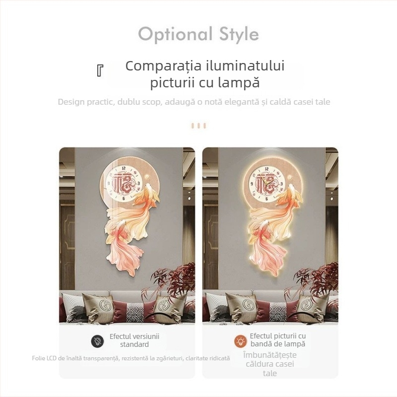 Tablou decorativ în stil chinezesc pentru holul de intrare, cu pește koi luminos și ceas de perete pentru dining
