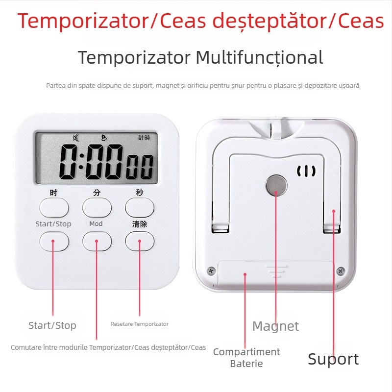 Cronometru multifuncțional cu ecran mare, silențios, pentru teme; ceas de alarmă pentru bucătărie și dormitor