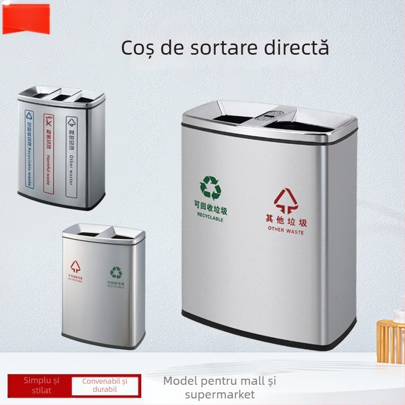 Coș de gunoi din oțel inoxidabil, personalizat, cu deschidere mare, pentru hoteluri, centre comerciale, aeroporturi și stații de metrou; interior din plastic rezistent la amprente