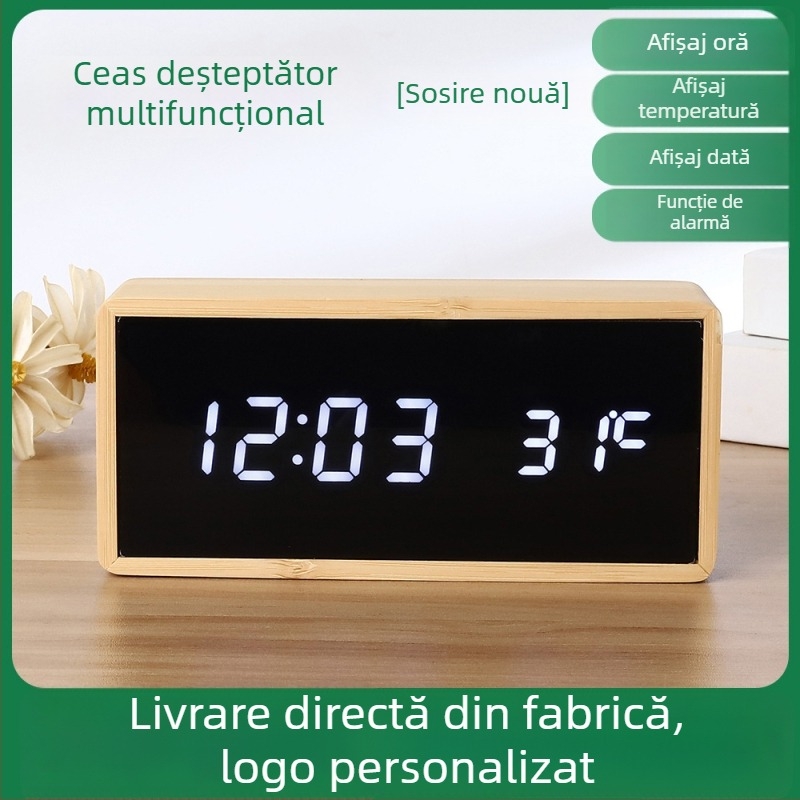 Ceas de alarmă din bambus, dreptunghiular, cu control vocal, temperatură, iluminare nocturnă, calendar și afișaj 24 de ore — design modern pentru living