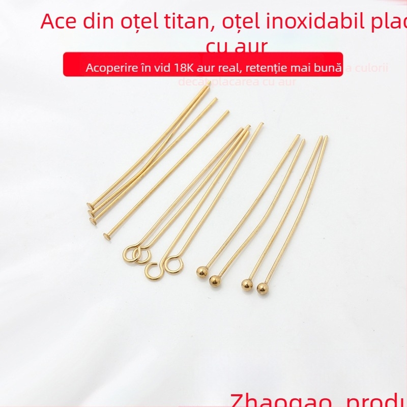 Set de ace pentru mărgele din oțel inoxidabil, cu strat vacuum 18K auriu — capete sferice, în formă de T, în formă de 9 și cu cap rotund, pentru bijuterii DIY