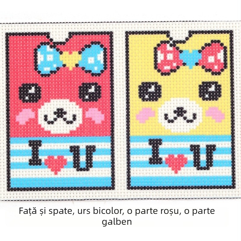 Kit de broderie cu mărgele și cruci: ursuleț în două culori, suport pentru carduri, mărgele colorate pe grilă mică