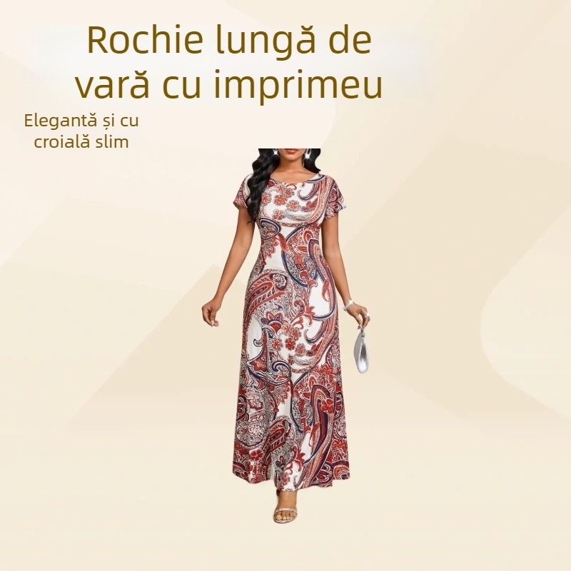 Rochie damă cu imprimeu retro, mâneci scurte, croială slim, stil elegant european-american