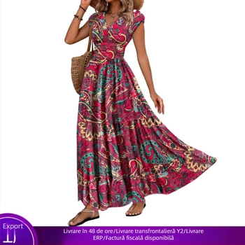 Rochie maxi plus size cu imprimeu, decolteu în V, talie evidențiată, lungă, poliester, vară 2026