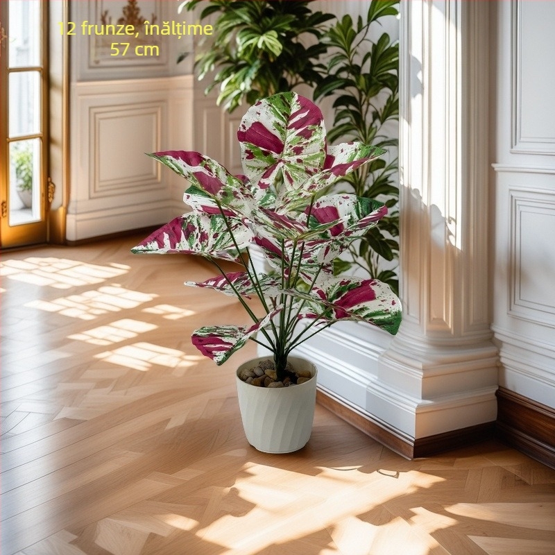 Plantă artificială cu frunze colorate de taro, în ghiveci, decor interior și amenajări de grădină