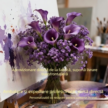 Aranjament cu flori artificiale mov: Calla mov și Gypsophila mov – compoziție mixtă