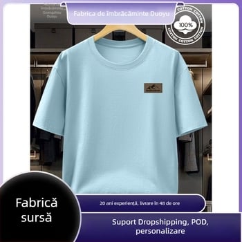 Tricou din bumbac moale pentru bărbați, negru, guler rotund, lavabil la mașină, 180 g bumbac