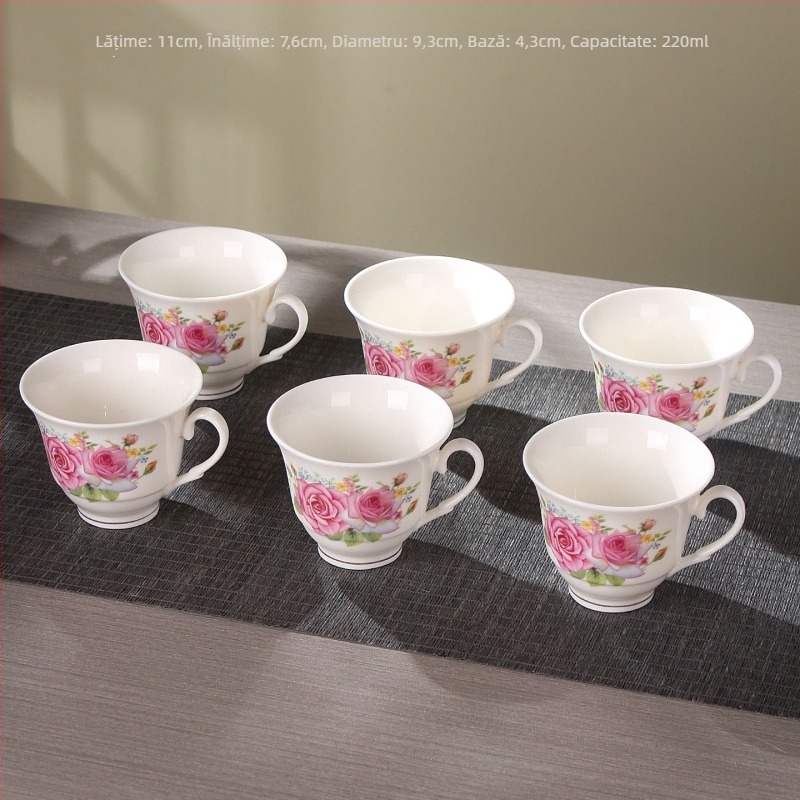 Ceașcă de ceai din porțelan, 200 ml, mare, cu mâner, pereți groși, design minimalist cu accente aurii, potrivită pentru ceai sau cafea