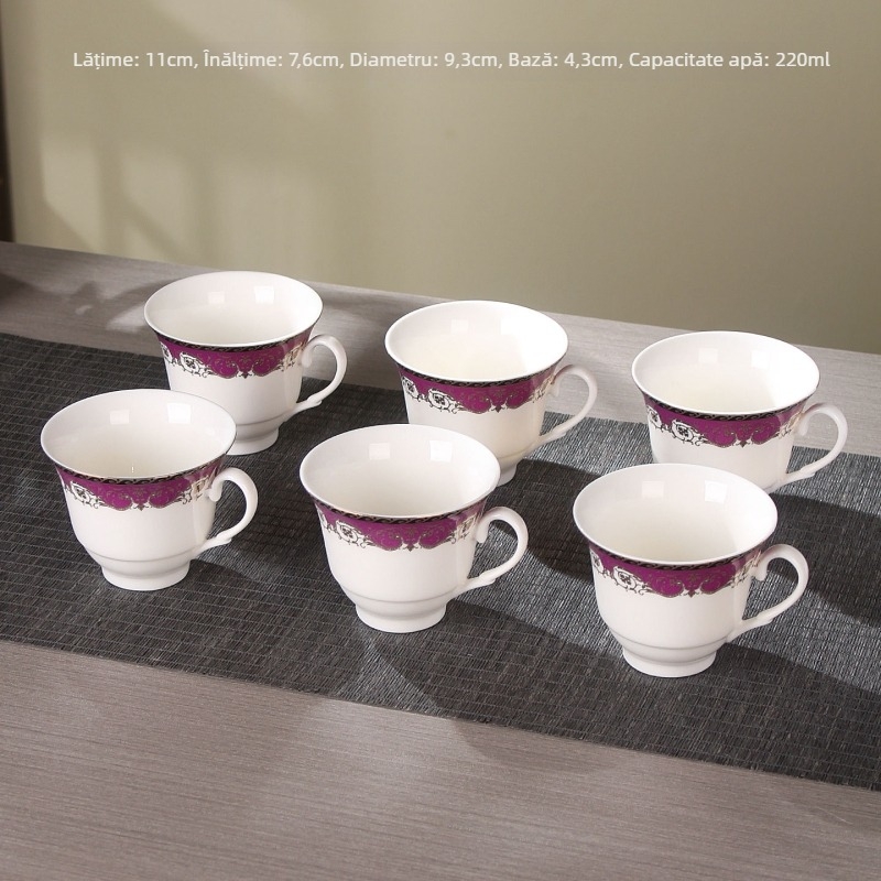 Ceașcă de ceai din porțelan, 200 ml, mare, cu mâner, pereți groși, design minimalist cu accente aurii, potrivită pentru ceai sau cafea