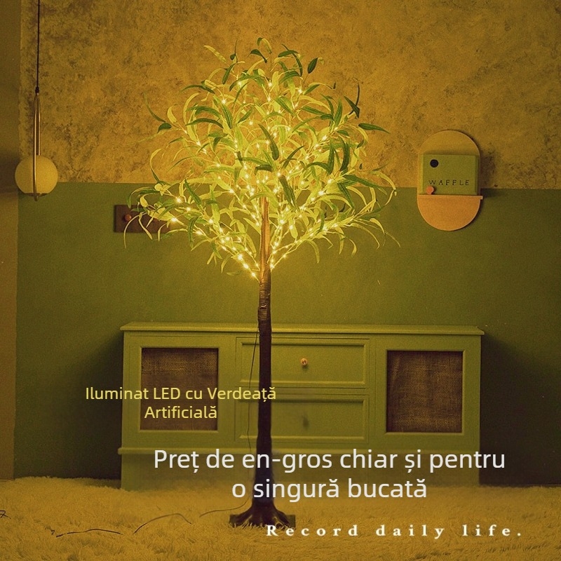 Copac LED din cocos cu frunze de măslin și eucalipt, plantă artificială, copac luminos, înălțime 1,8 m, decor exterior