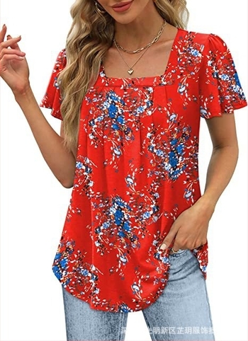 Tricou damă cu mâneci scurte, guler pătrat, tiv plisat în formă de coadă de pescăruș, imprimeu floral, poliester