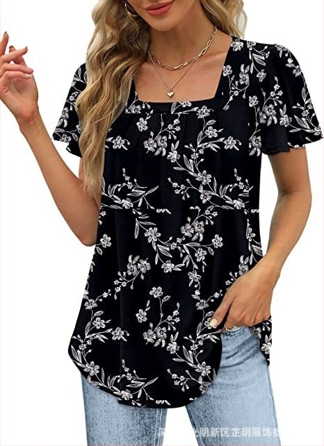 Tricou damă cu mâneci scurte, guler pătrat, tiv plisat în formă de coadă de pescăruș, imprimeu floral, poliester