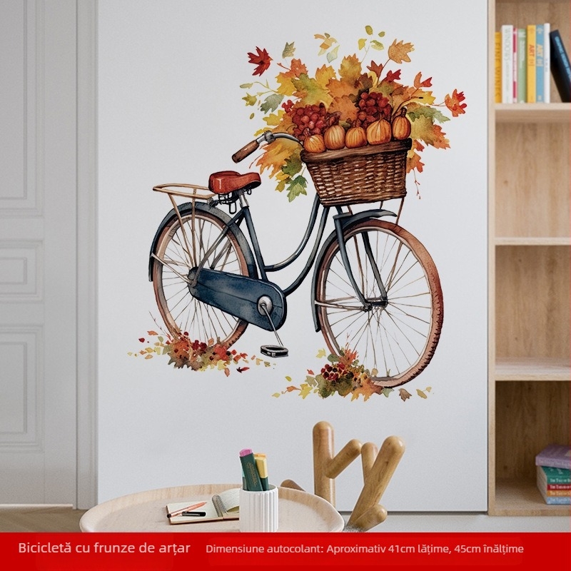 CH36042 Autocolant de perete cu frunză de arțar și bicicletă, temă de toamnă, pentru dormitor și sufragerie, PVC impermeabil