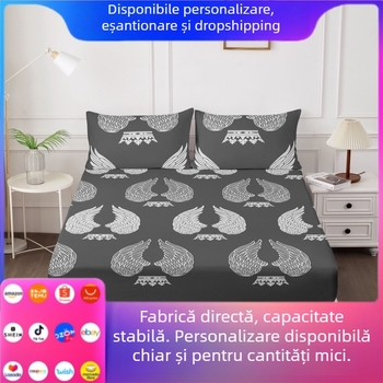 Set de lenjerie cu flanel imprimat, model geometric, 4 piese, pentru toate anotimpurile, dimensiune pat 1,5 m
