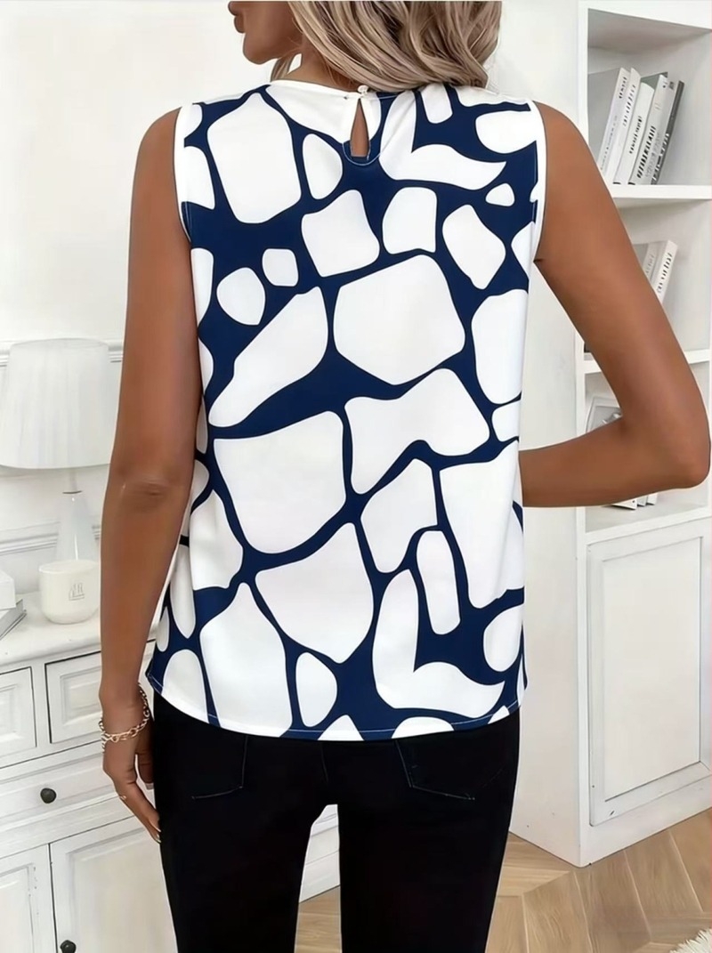 Top de damă fără mâneci, guler rotund, vară, elegant și casual, stil european, imprimeu abstract