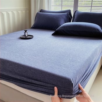 Cearșaf cu elastic din fibre de bambus, culoare solidă, stil minimalist, pentru pat de 1,5 m