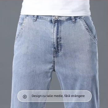 Jeanși denim pentru vară, croială dreaptă, lejer, culoare deschisă, ținută casual