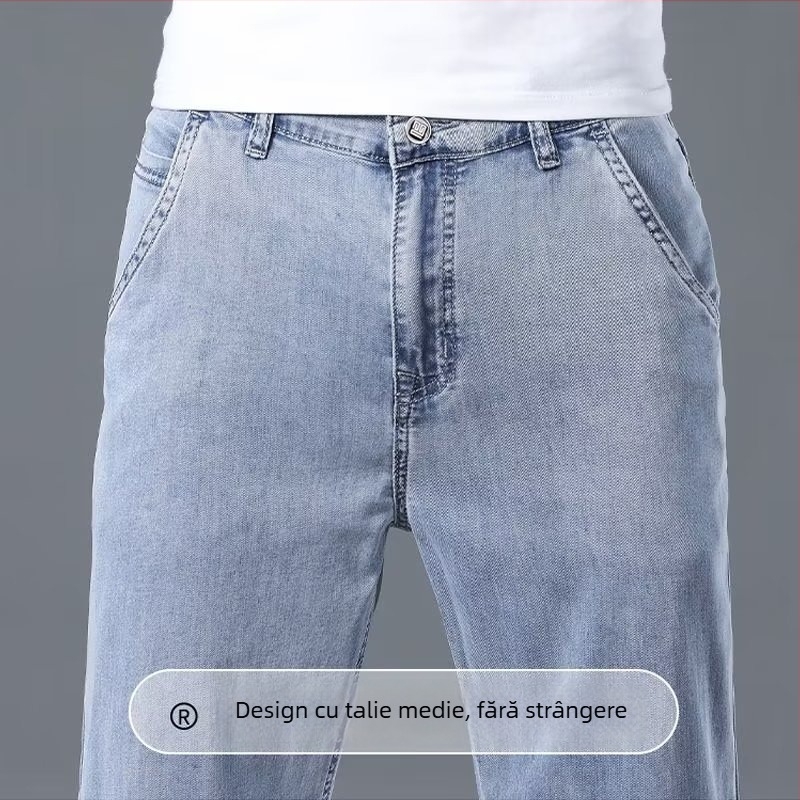 Jeanși denim pentru vară, croială dreaptă, lejer, culoare deschisă, ținută casual