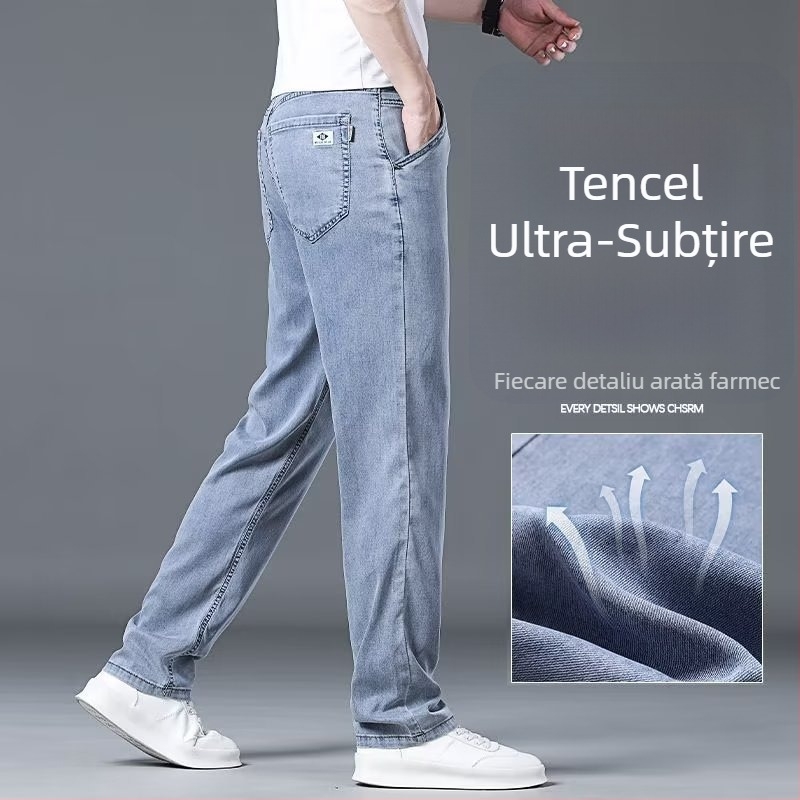 Jeanși denim pentru vară, croială dreaptă, lejer, culoare deschisă, ținută casual