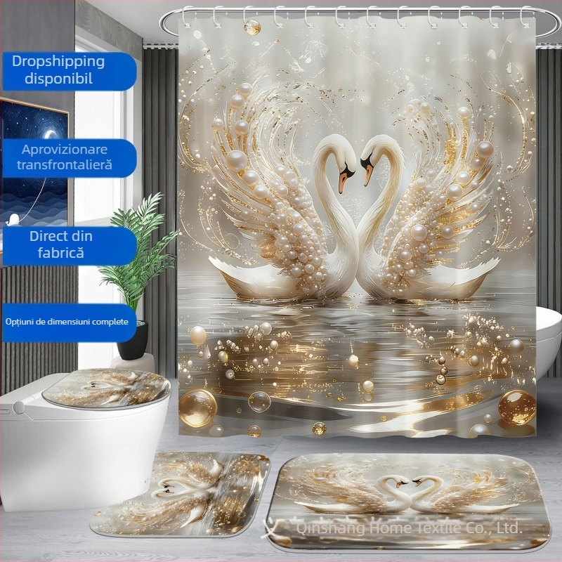Set perdea de duș cu model de lebădă, impermeabil și rezistent la mucegai, decor de baie imprimat, 4 piese, cu 12 cârlige