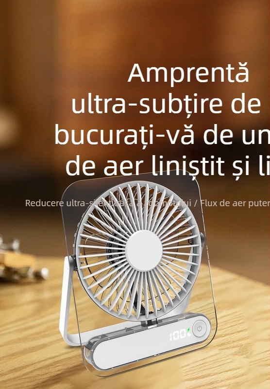 Nou ventilator de birou transparent, ultra-subțire, cu baterie încorporată și încărcare USB