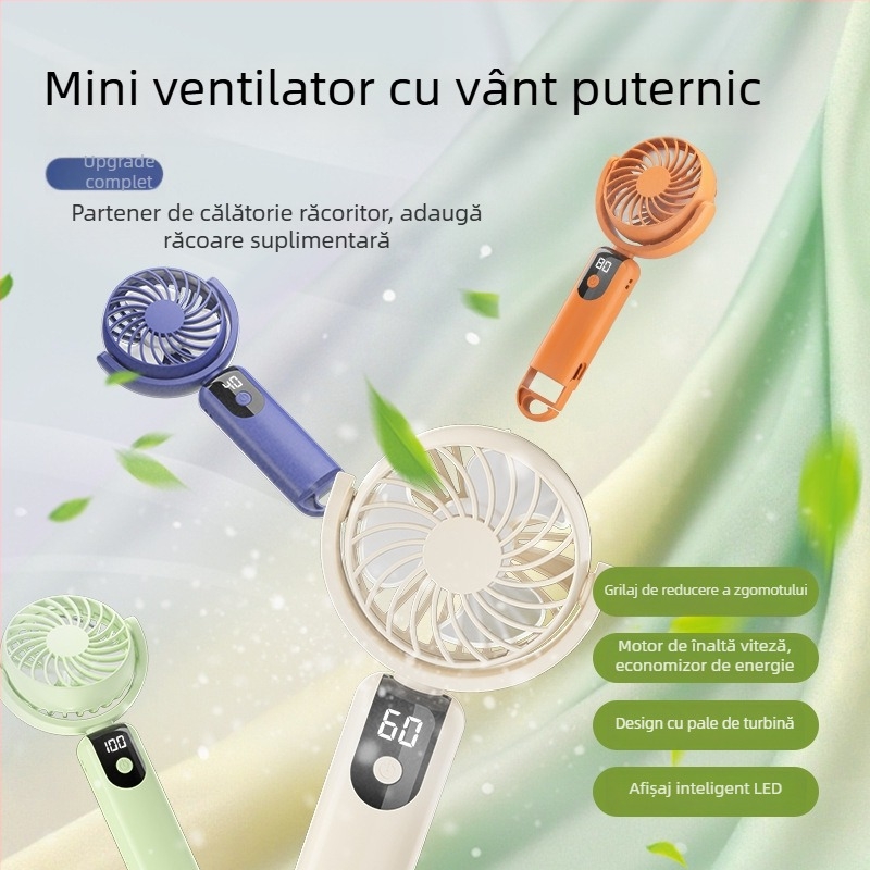 Ventilator USB portabil cu afișaj digital, 100 trepte de viteză, cârlig pentru desktop și cap rotativ - model 2026