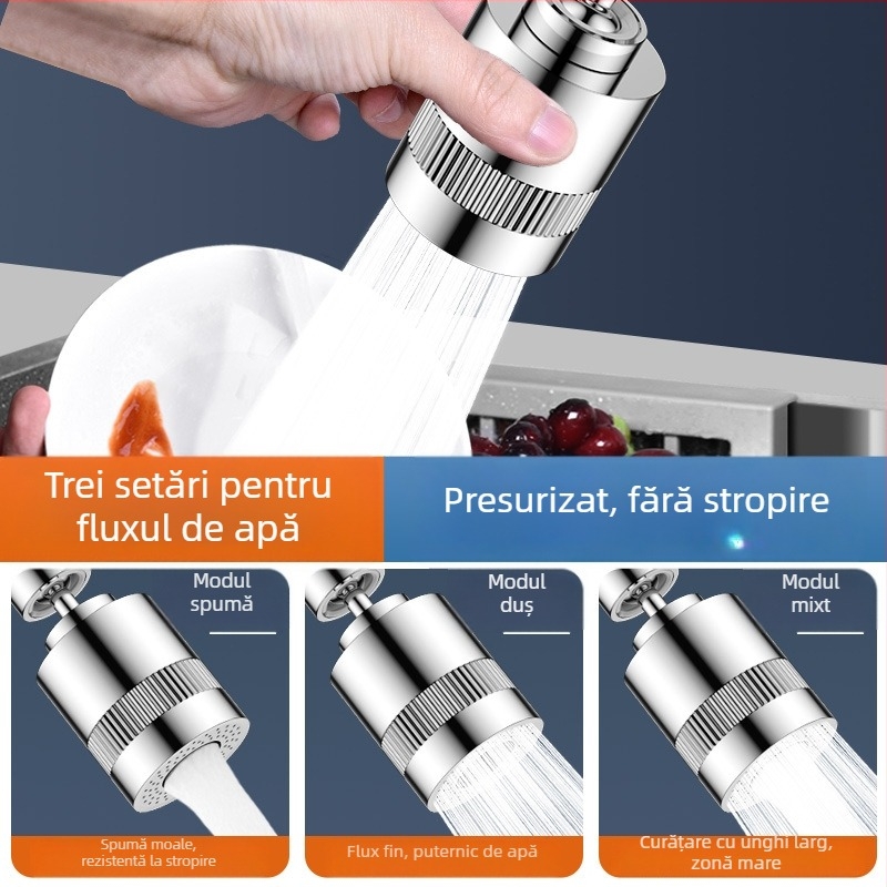 Extensie pentru robinet cu cap de duș de bucătărie rotativ, aerator cu trei trepte și filtru universal de creștere a presiunii
