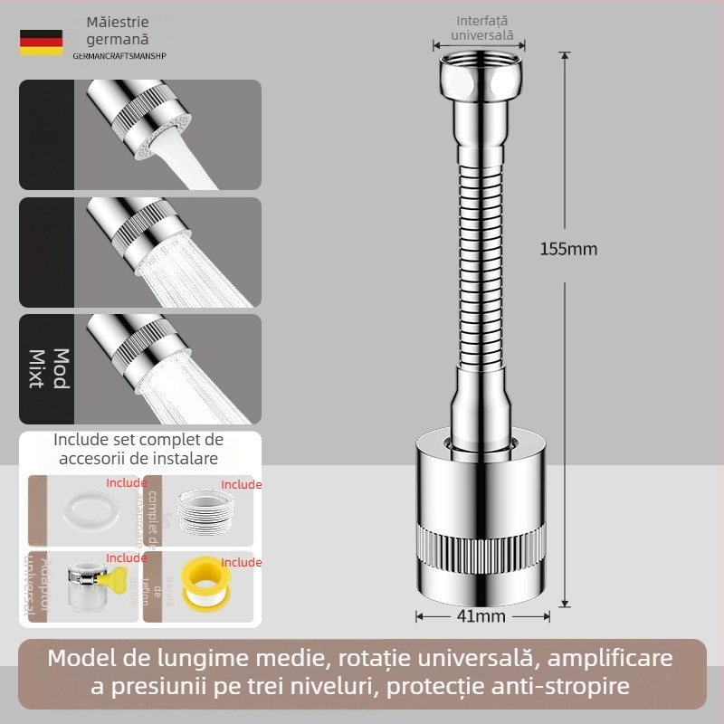 Extensie pentru robinet cu cap de duș de bucătărie rotativ, aerator cu trei trepte și filtru universal de creștere a presiunii