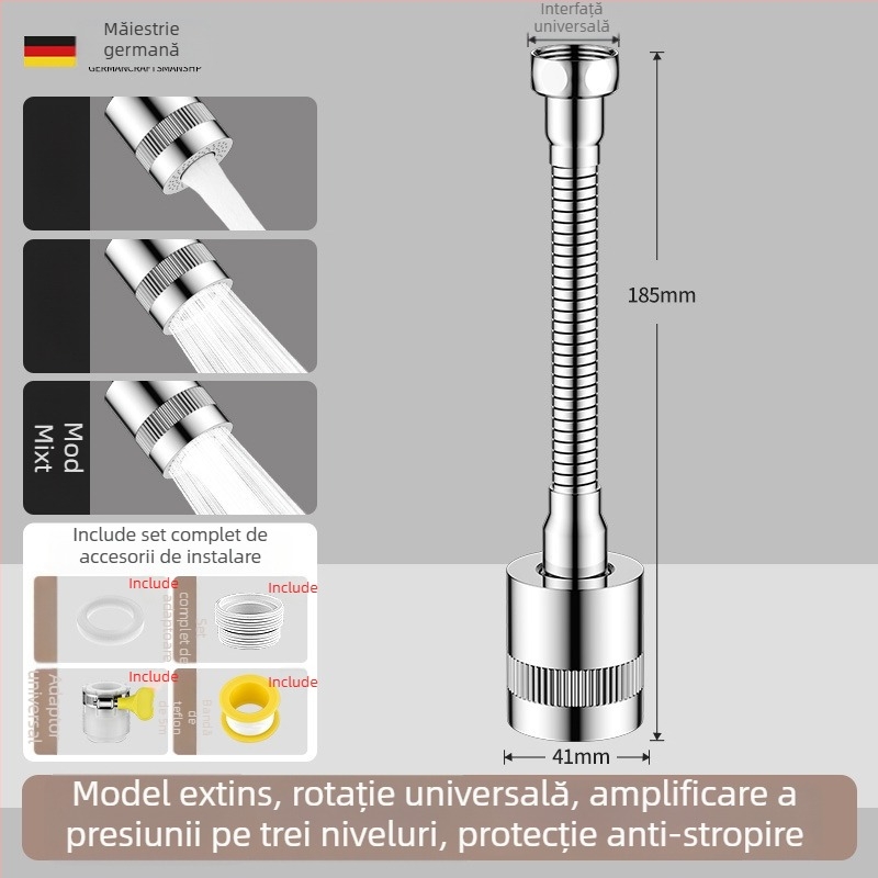 Extensie pentru robinet cu cap de duș de bucătărie rotativ, aerator cu trei trepte și filtru universal de creștere a presiunii