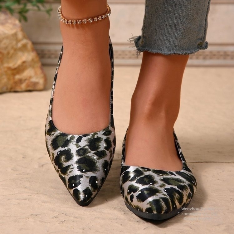 Pantofi dama cu imprimeu leopard, vârf ascuțit, talpă plată, cu cristale, ușor de purtat, pentru toate sezoanele