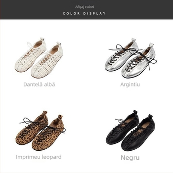 Pantofi balerini eleganți, în stil franțuzesc, cu șireturi, cu model tricotat decupat, talpă plată pentru femei